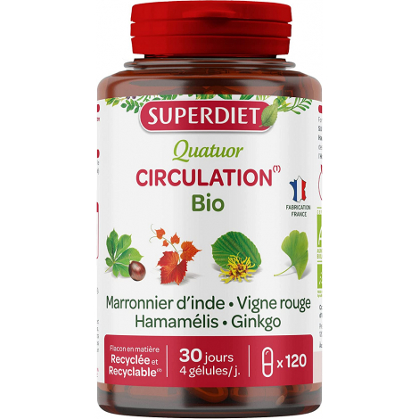 Super Diet Quatuor Circulation Vigne Rouge Marronnier Hamamélis Ginkgo 120 gélules Super Diet Onaturel