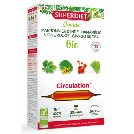 Super Diet Quatuor Circulation Vigne Rouge Marronnier Hamamélis Ginkgo 20 ampoules de 15ml Super Diet