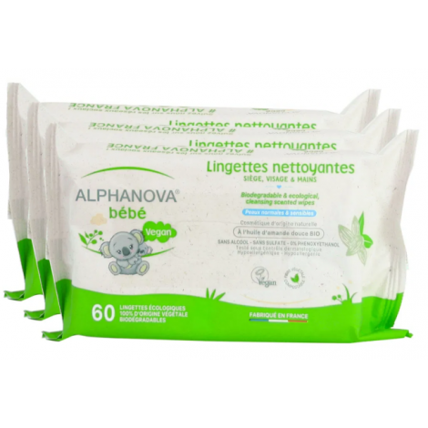 Alphanova Lot de 3 X 72 Lingettes Coton Biodégradables Amande douce Alphanova