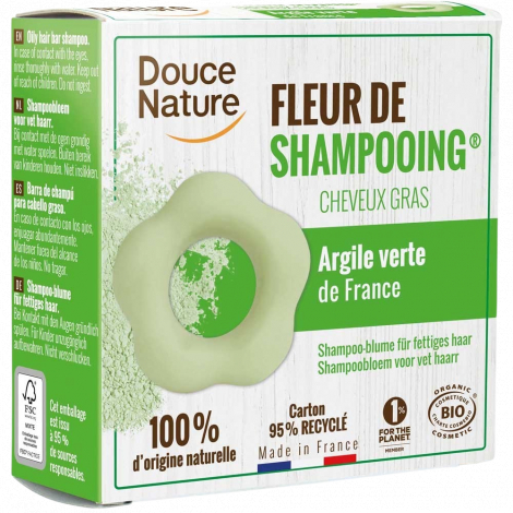 Douce Nature Fleur de Shampooing solide cheveux gras Ortie Karité Argile verte 85g Douce Nature
