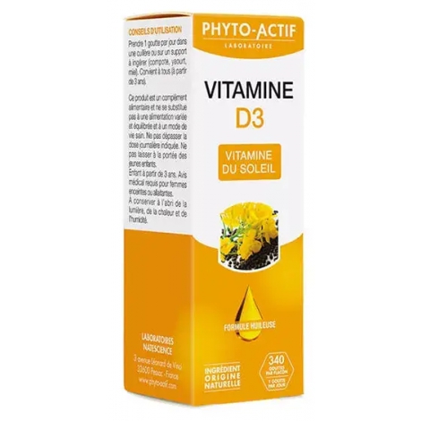 Phyto-Actif Vitamine D3 400UI (2000UI/5 gouttes/jour) Flacon compte gouttes 15ml Phyto-Actif