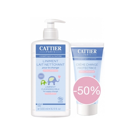 Cattier Lot 1 Liniment Lait nettoyant pour le change 500ml + 1 Crème protectrice à 50% Cattier